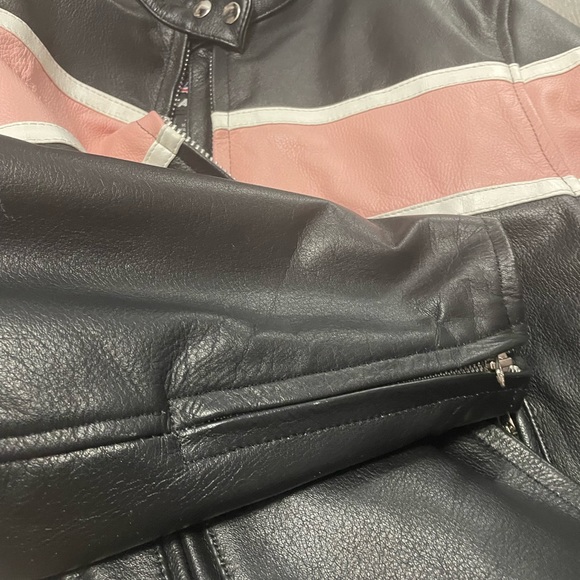 Black & pink 100% leather moto jacket with side zips removable quilted liner XL - Picture 5 of 12